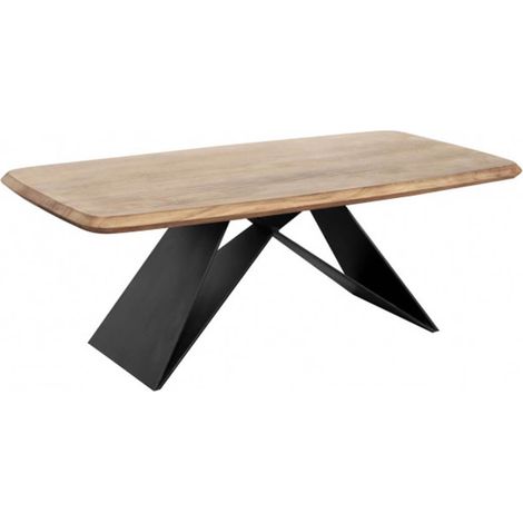 MYLONIS - Table Basse Plateau en Acacia Massif Pieds Métal Noir Forme Papillon (1/5)