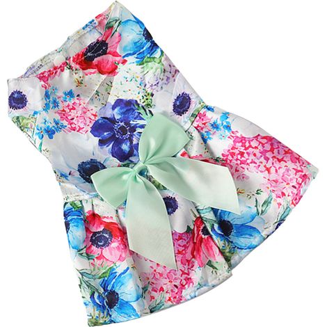 Robe d'été en Polyester respirant pour chien, chiot, Adorable motif Floral, tenue d'été avec nœud papillon, tenue pour animaux de compagnie, Cyan XL (1/5)