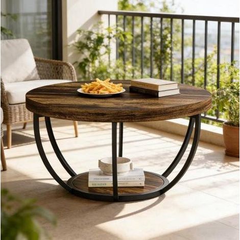 Table basse ronde à 2 niveaux 80 x 80 x 45 cm en bois et métal HAVRYA (1/5)