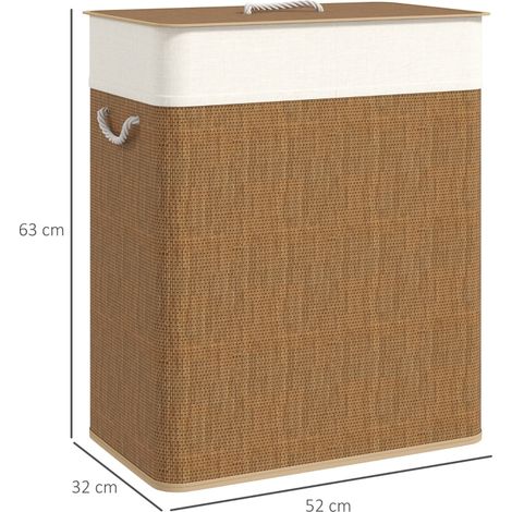 Panier à linge en bambou 100 L avec couvercle, poignées corde et sac amovible, pour buanderie et chambre, coloris brun (1/5)