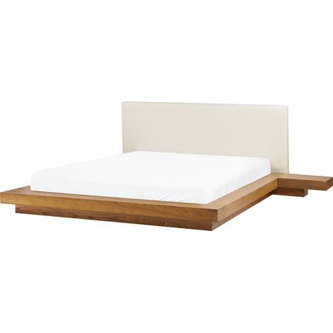 Cama moderna 160 x 200 cm con plataforma mesitas de noche cabecero de piel sintética MDF madera de fresno natural Zen (1/5)
