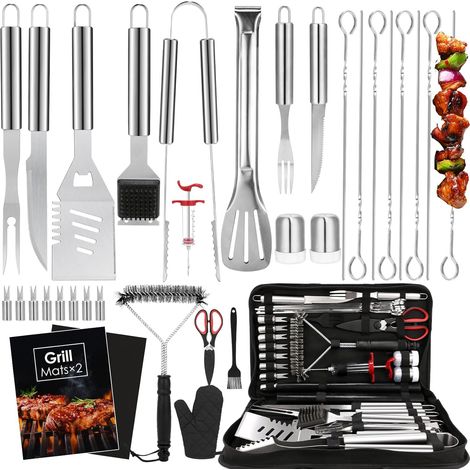 34-teiliges Grillzubehör-Set, Camping- und Grillutensilien, Grillmatte und Handschuhset, Silber