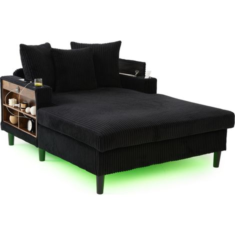 CAIziCanapé lounge multifonctionnel en velours côtelé avec chaise longue, grande surface de couchage, porte-gobelets des deux côtés, éclairage LED, poche latérale, rangement, port de charge USB, pieds