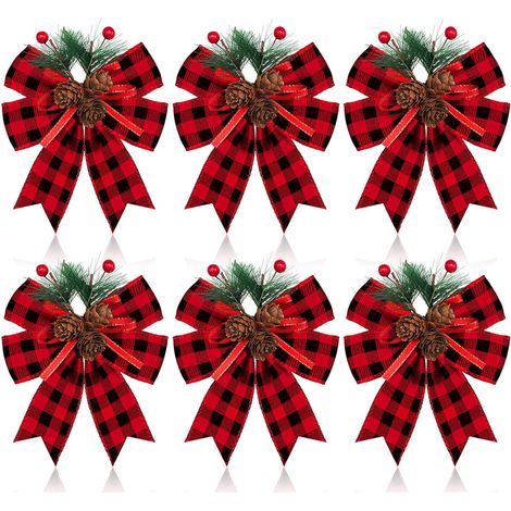 Paquet de 6 nœuds de Noël avec nœuds décoratifs pour arbre de Noël noir (en forme de pomme de pin et rouge) (1/5)