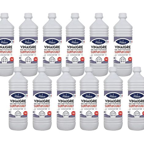 DSTOCK60 - LOT DE 12 BOUTEILLES DE 1 LITRE DE VINAIGRE BLANC NATUREL CONCENTRE 14 Degrés (PHEBUS produit d'origine garantie) - DEGRAISSE. DETARTRE. DESHERBE - MAISON et JARDINAGE