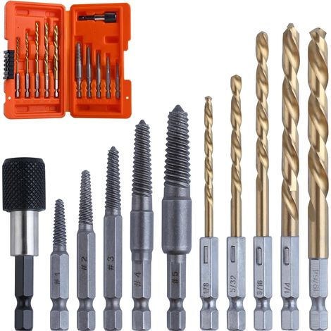 11pcs Easy Out Screw Extractor Set,  Titanium Coating Left Drill Bit and Bolt Extractor Kit with 1/4" Adapter,  Reverse Drill Bit Extractor Set (1/5)
