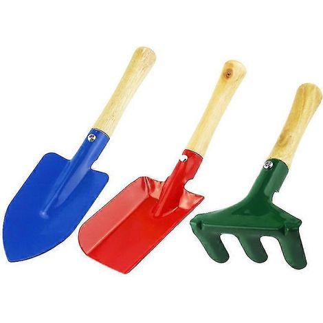 Kit d'outils de jardinage pour enfants : 3 pièces (truelle, pelle, râteau) en métal avec manche en bois, couleurs vives. (1/5)