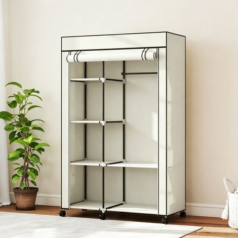 Armoire penderie en tissu meuble de rangement 6 roulettes tringle à vêtements et étagères ouvertes 103x43x162,5cm crème (1/5)