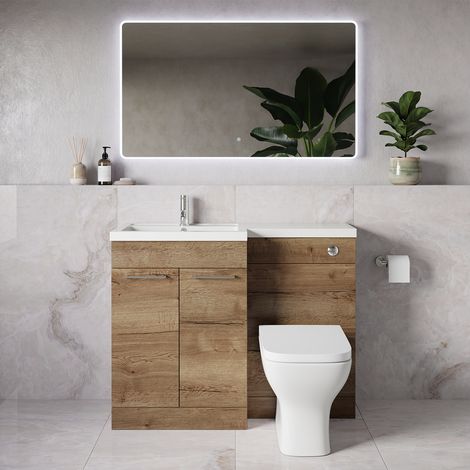 Napoli 390 Tobacco Oak 1100mm 2 Door Vanity Unit Toilet Suite with Square Left Hand Lucia Basin - 1100mm - Chrome 160mm HandleWith Kingston Toilet Pan and Seat