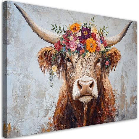 Tableau déco Vache écossaise vintage fleurs 60x40 (1/5)