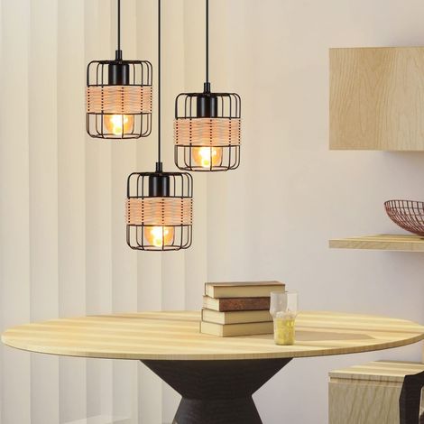 GBLY Pendelleuchte Esstisch Hängelampe Vintage - Rustikal Esstischlampe Rund Schwarz 3 Flammig Retro Hängeleuchte E27 Rattan Wohnzimmerlampe Hängend Metall Natur für Esszimmer Schlafzimmer Küche