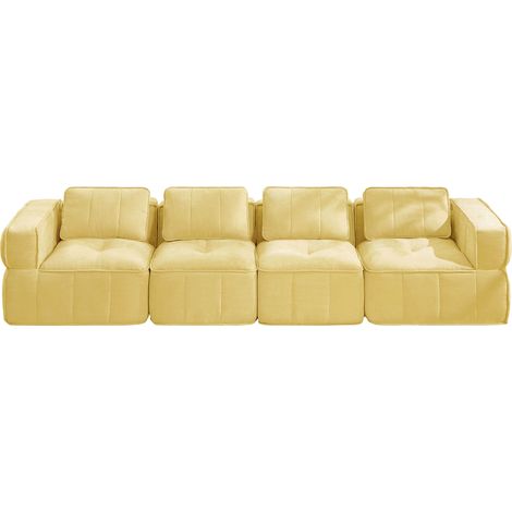 Canapé modulable 4 places jaune, sans cadre ni montage, mousse haute densité 32D, tissu polyester doux, 344 x 93 x 67 cm (1/5)