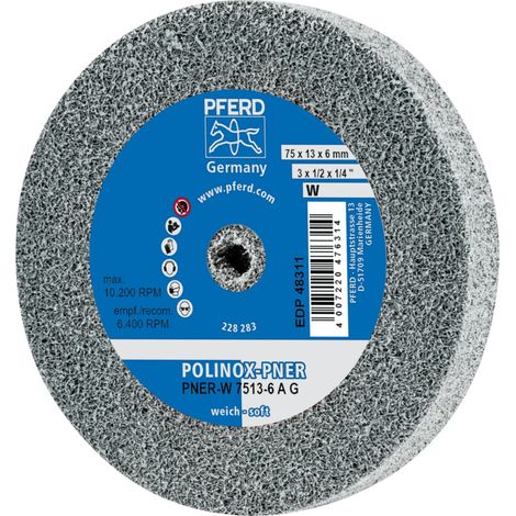 PFERD TOOLS POLINOX verpresstes Vlies-Rad PNER Ø 75x13 mm Bohrung-Ø 6 mm Weich A Grob für Finish 5 Stk (1/4)