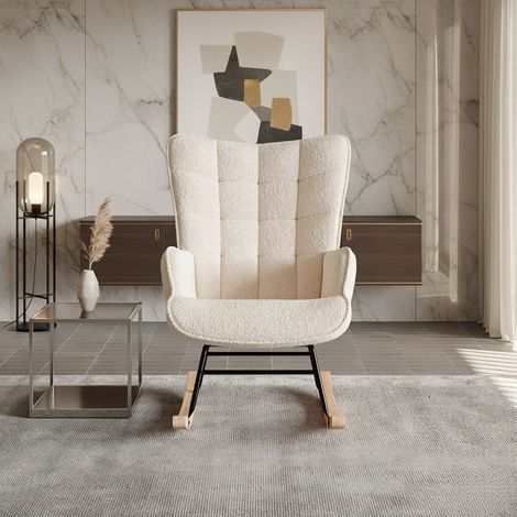 Poltrona a dondolo in tessuto bouclé beige - Sedia a dondolo design scandinavo per salotto e camera