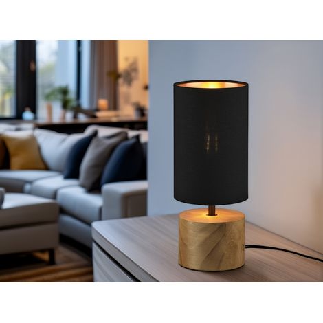 LED Tischleuchte mit Holzfuß & Stoffschirm Schwarz Gold, Höhe 30cm (1/5)