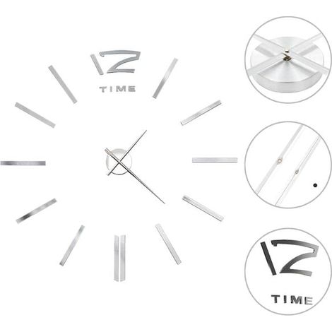 Horloge murale 3D, design moderne, très grande (100 cm), argentée. (1/5)