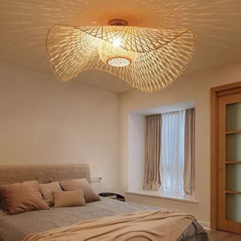 Plafonnier,Rétro Lustres Lumière Naturelle De Bambou Et Plafonnier Rotin Vintage E27 Éclairage Plafond Tissées Main Pour Chambre Salon Bar Café, Lumière Chaude-65cm (1/5)