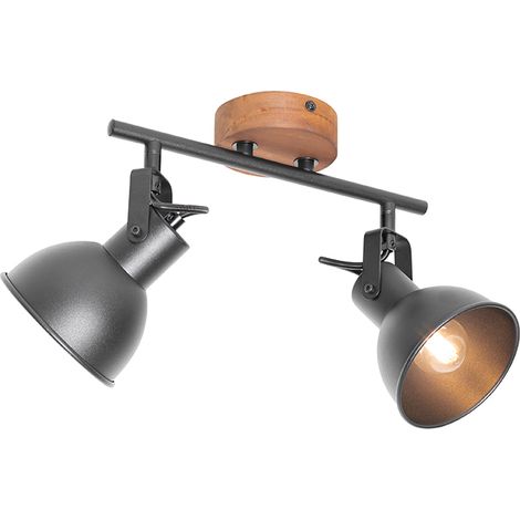 QAZQA Industrial Spotlight Black with Wood Tiltable 2-Light -