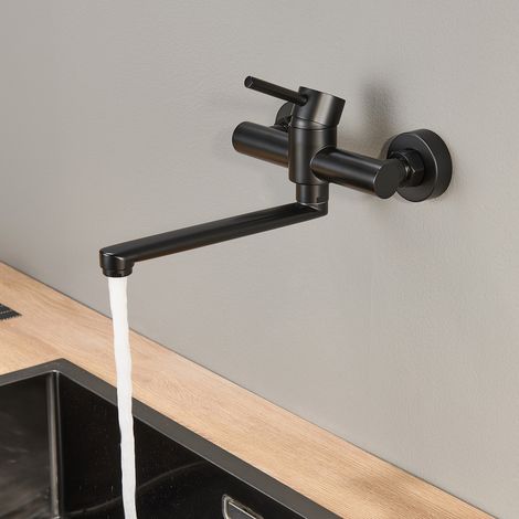 CECIPA MAX Grifo de cocina de pared, mezclador de cocina de acero inoxidable con caño largo, grifo de fregadero de pared, grifo mural para cocina, negro (1/5)