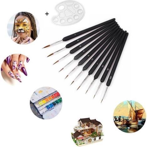 Lot de 10 pinceaux fins professionnels avec palette - Pinceaux de précision pour peinture - Détails fins et miniature - Loisirs créatifs et modélisme (1/5)