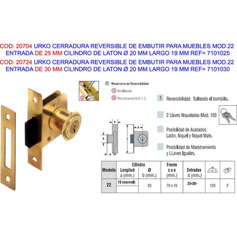 Serratura da infilare Urko 22 Ingresso 30 Cilindro 19 Mobili Reversibili 7101030
