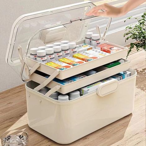 Scatola per medicinali, contenitore per medicinali, contenitore per medicinali a 3 livelli per la casa, portatile e pieghevole, per medicinali domestici (1/4)