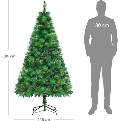 Sapin de Noël d'intérieur entièrement décoré et ignifugé. Comprend 782 branches, des pommes de pin et un pied en métal. Fabriqué en PE et PVC, diamètre 116 cm x hauteur 180 cm, couleur verte. (1/5)