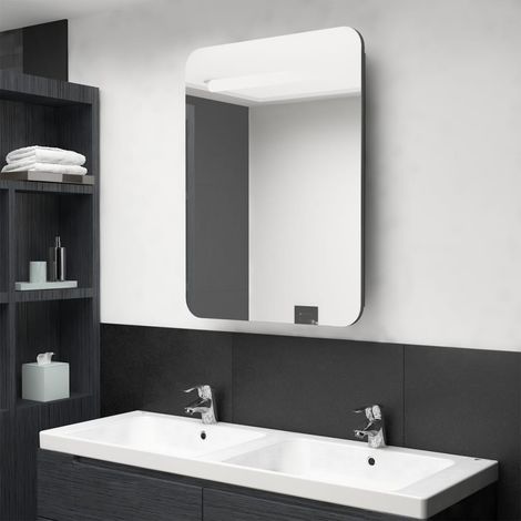 Armoire de salle de bain à miroir LED, Meuble de Rangement, Placard de Rangement Toilettes gris brillant 60x11x80 cm LKOWF50022 (1/5)