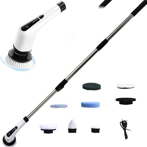 1 Brosse de nettoyage électrique, rechargeable USB, 7 têtes interchangeables, manche télescopique, 2 vitesses, salle de bain (1/5)