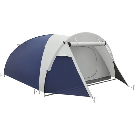 Tente dôme 3-4 personnes légère et aérée, portes à fermeture éclair, dimensions 320x240x130 cm, coloris bleu foncé et gris clair, idéale pour le camping