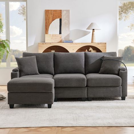 Canapé L 3 places mécanisme lit - Avec pouf - Rangements intégrés et port USB - Tissu gris foncé - Optimisation petit salon (1/5)