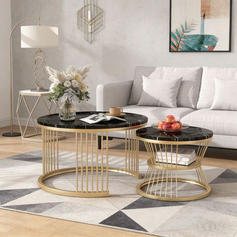 Set aus 2 modernen Couchtischen, mit Marmorfurnier, rund, mit goldenem Rahmen, Wohnzimmermöbel, schwarz