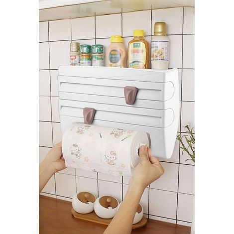 Distributeur de film alimentaire 4 en 1 pour cuisine, porte-rouleau avec coupe-papier et porte-serviettes à épices (1/5)