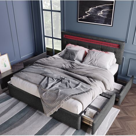 Lit capitonné moderne 140x200 cm gris avec tête de lit LED réglable, 4 tiroirs et sommier à lattes en bois (1/5)