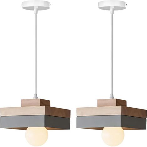 2pcs Lampe Suspension Vintage ,Lustre Luminaire Industriel en Carre E27 Retro Lampe de Pafond Abat-jour en Bois Gris,18x18cm (1/5)