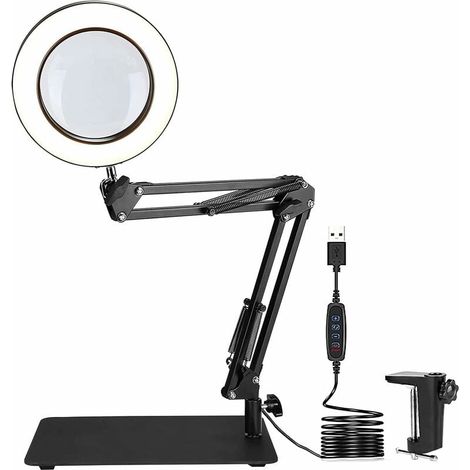Lampe loupe de Bureau 72LED, 5X Loupe avec lumière Lumière du Jour 1500 Lumens 3 Couleurs Modes loupe Bras pivotant réglable pour Artisanat, Bijoux, Couture, Lecture (Plier) (1/4)