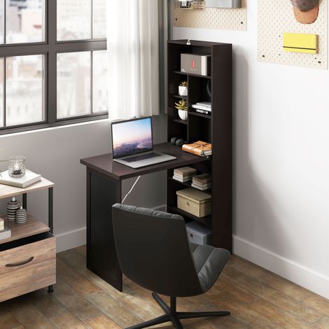 HOMCOM Bureau Pliable Mural Rabattable avec Rangement - Bibliothèque, Poste de Travail, Tableau à Craie & Étagère Réglable
