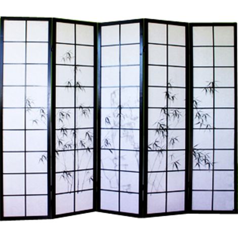 Pegane – Paravent japonais en bois noir 5 pans – Dessin bambou sur papier de riz – Charnières bidirectionnelles – Pliable pour rangement facile