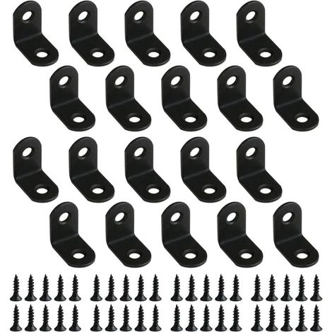 Lntyq Lot de 20 Équerre de Fixation en Métal 25x25mm, Equerre Angle Support en Forme de L avec 40Pcs Vis, Connecteur D'Angle pour la Fixation et la Réparation Meubles, Étagères, Armoire, Bois (Noir)
