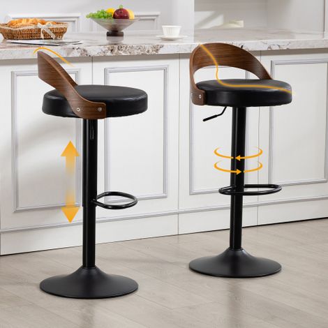 Set di 2 sgabelli da bar girevoli a 360° con schienale in legno di noce nero e seduta in similpelle, regolabili in altezza. Adatti a cucine, ristoranti, bar e ambienti simili (similpelle nera).