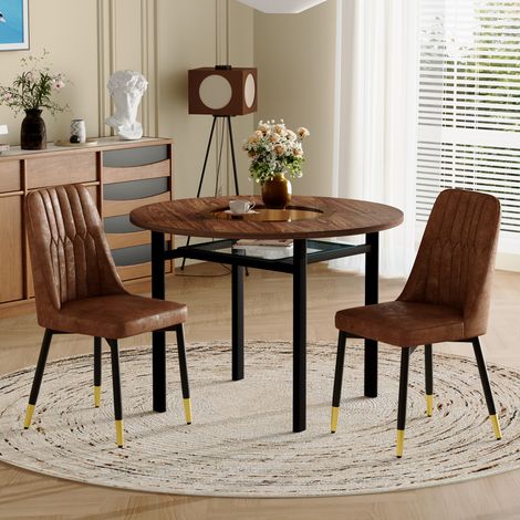 Table à manger ronde design moderne avec 2 chaises tissu marron et piètement métal noir, plateau bois 100 cm, idéale cuisine et salle à manger, ensemble complet. (1/5)