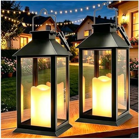 Lanterne Solaire Exterieur, 2 Pièces Suspension Lampe Solaire avec Bougie LED Flamme Vacillante, IP44 Étanche Deco Jardin Exterieur pour Table Terrasse Funeraire Balcon Decoration Noir (1/5)