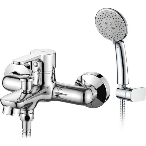 Mitigeur de Baignoire, Douche/Robinet Monocommande de Bain avec Flexible, Douchette 5 Jets, Support, Chromé (1/5)