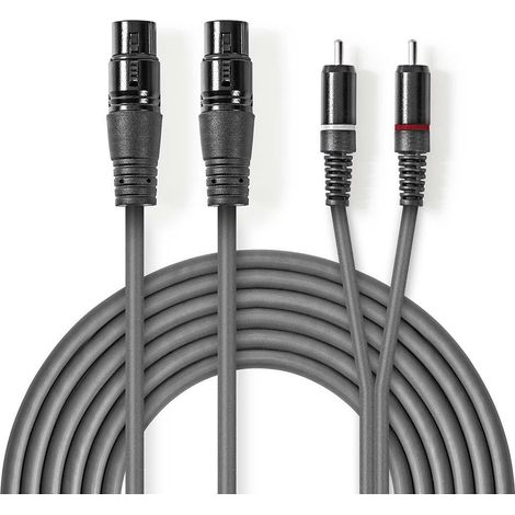 Cable de audio balanceado  2x XLR hembra de 3 pines  2x RCA macho  Niquelado  3,00 metros  Redondo  PVC  Gris oscuro  Funda de cartón