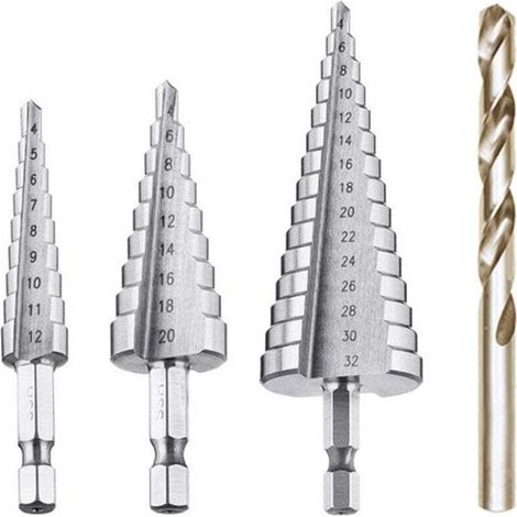 YMYNY Foret Etagé, Foret Fraise Metal HSS 4PCS 4-12/20/32mm Meche Etage Perceuse Acier Fraise Forage Conique Triangle avec Revêtement Titane Visseuse Percage pour Acier/Bois/Laiton/Plastique/PVC