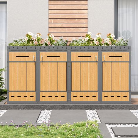 Abri Cache-Poubelle 4 Bacs 120-240L avec Bac à Plantes Acier Verrouillable (1/5)