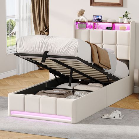 Letto Contenitore 90x200 cm, Letto 90x200, Letto 1 Persona con LED RGB e Contenitore, Letto Matrimoniale in Tessuto Lino, USB & Type-C, Beige