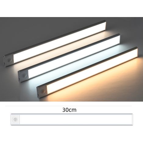 Lampe à détection de mouvement ultra-mince rechargeable argentée 30cm, changement de 3 couleurs, bande LED magnétique auto-adhésive pour armoire, placard, cave à vin, veilleuse intelligente sans fil (1/5)