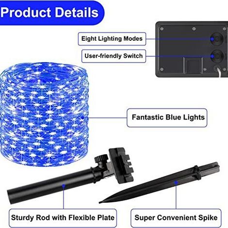 Solar-Lichterkette, 2er-Pack, 22 m, 100 Lichter, 8 Modi, wasserdichte Solar-Lichterkette für die weihnachtliche Außendekoration (blau)