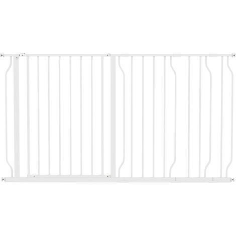 Barrière de sécurité pour chien extensible 75-145 x 76 cm, barrière pour escalier, couloir et porte, sans perçage, en acier et ABS blanc (1/5)